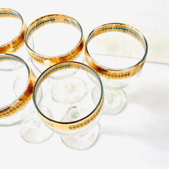 🐚SOLD🐚RARE Culver 22K Mid Century Stemmed Wine Glasses with a Gold and Aqua - Picture 7 of 9